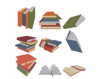 Vintage Book Stack Machine Embroidery Design, Retro Color Books Embroidery, Bookworm Library Embroidery, Instant Digital Download