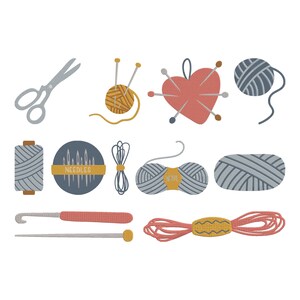 May include: A collection of illustrated craft supplies, including scissors, yarn balls, a heart-shaped pin cushion, needles, and crochet hooks. The color palette includes shades of gray, yellow, pink, and blue, creating a whimsical and artistic representation of knitting and crochet tools.