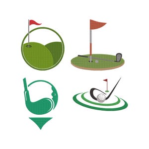 May include: Four embroidered golf-themed designs. One features a green golf course with a red flag in a circle. Another shows a golf ball, club, and flag. The other two designs include golf clubs and golf balls.