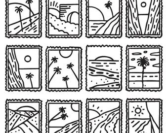 Postage Stamp Machine Landscape Embroidery Design, Tropical Palm Tree Embroidery, Travel Stamp Line Art Embroidery, Instant Digital Download