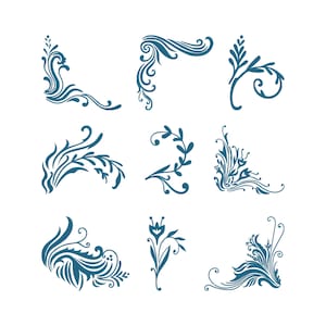 May include: Nine teal-colored floral design elements on a white background. The designs include corner flourishes, leafy sprigs, and stylized flower motifs. These decorative elements are suitable for various design projects.