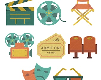 Cinema Movie Element Embroidery Design Bundle, Film Reel Theater Machine Embroidery File, Instant Download, 7 Size