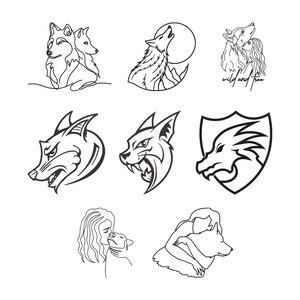May include: Collection of black and white line art illustrations featuring wolves, a dragon, and a woman with a wolf. Designs include a howling wolf, a wolf with a full moon, and a wolf with a woman. The phrase "wild and free" is also included.