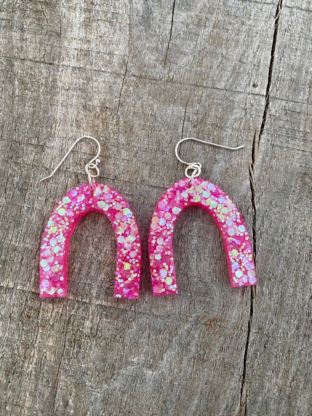 Resinpinkglitterearringssterling Silverhandmade Etsy