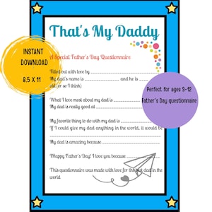 Father's Day Printable Questionnaire - All About My Dad - Digital Download - Father's Day Gift from Kids - Instant Download PDF