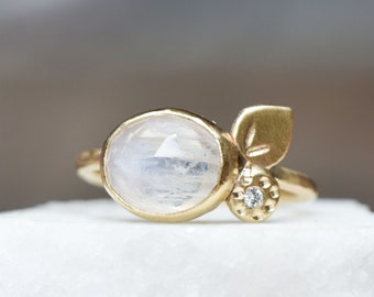 Moonstone and Diamond Ring, SOLID 14k Yellow Gold Ring, Bouquet Cocktail Ring, Gold Flower Petal Ring, Handmade Artisan Bloom Ring, Eco Gold