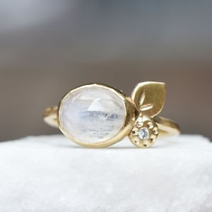 Moonstone and Diamond Ring, SOLID 14k Yellow Gold Ring, Bouquet Cocktail Ring, Gold Flower Petal Ring, Handmade Artisan Bloom Ring, Eco Gold