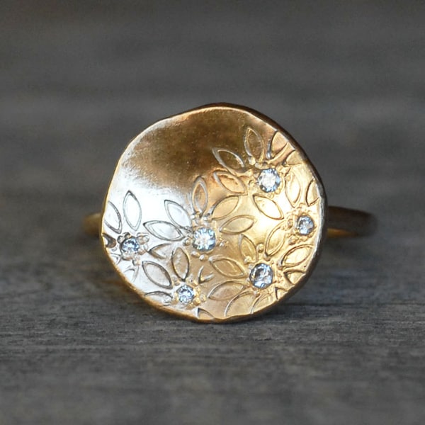 Diamond Floral Cocktail Ring, Solid 14k Gold Large Diamond Disc Ring, Large Gold Cocktail Ring, Daisy Ring, Wedding, April, Bride Jewelry