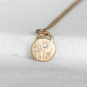 14k Gold Diamond Disc Necklace, Gold and Diamond Coin Pendant, Diamond Flower Charm, Wedding Jewelry, Gold Floral Charm, Gifts for Her, Eco