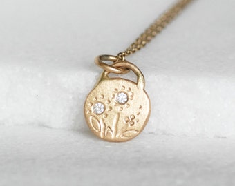 14k Gold Diamond Disc Necklace, Gold and Diamond Coin Pendant, Diamond Flower Charm, Wedding Jewelry, Gold Floral Charm, Gifts for Her, Eco