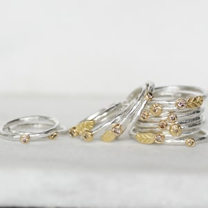 Winziges Diamant-Blatt-Wildblumen-Ring-Set, Stapelringe aus massivem 18-Karat-Gold und Silber mit braunem Diamant, Satz mit 4 Diamant-Stapelringen Bild 4