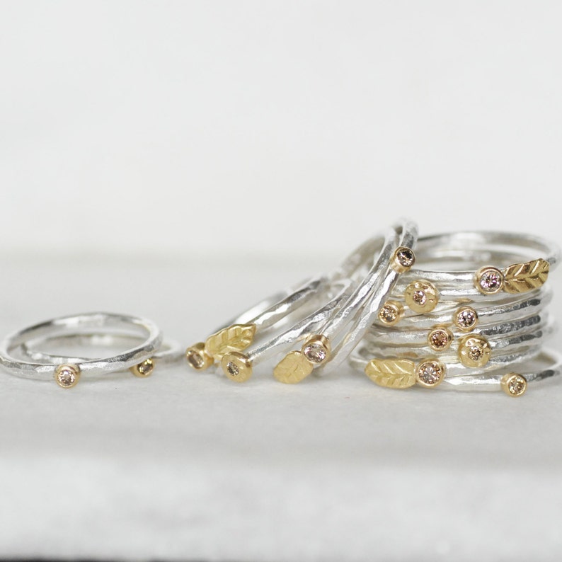 Tiny Diamond Leaf Wildflower Ring Set, Brown Diamond Solid 18k Gold and Silver Stack Rings, Set of 4 Diamond Stack Rings image 4