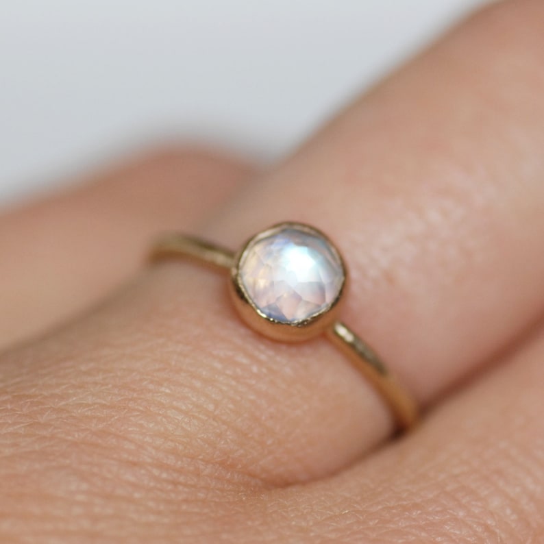 Rose Cut Gemstone Ring, Skinny Solid 14k Gold Band, Choose Your Gemstone, Gold Birthstone Ring, Opal Ring, Topaz Ring, Garnet, Moonstone image 5
