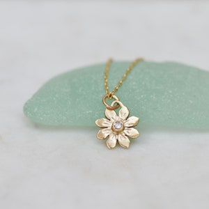 Gold Flower Necklace, Diamond Flower Charm Necklace, Solid 14k Gold Necklace, Gifts for Her, Gifts for Mom, Nature Jewelry, Bridal Necklace image 3