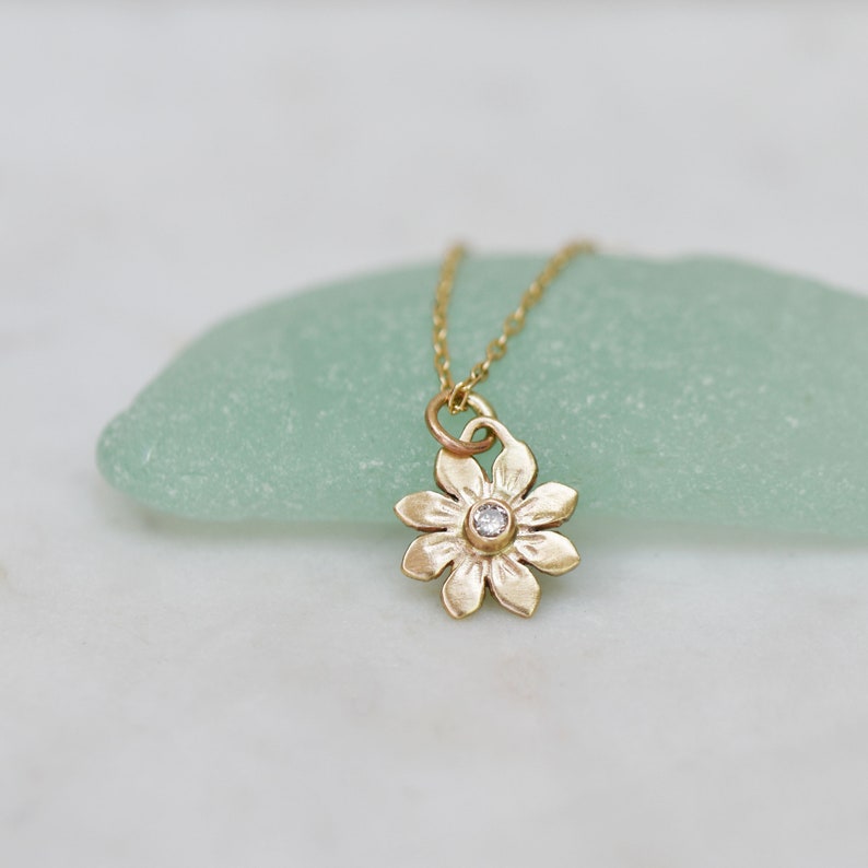 Gold Flower Necklace, Diamond Flower Charm Necklace, Solid 14k Gold Necklace, Gifts for Her, Gifts for Mom, Nature Jewelry, Bridal Necklace image 3