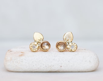 Topaz and Diamond Cluster Earrings, 14k Gold Bloom Post Earrings, Floral Bouquet Earrings, Diamond Earrings, Bride Jewelry, Gifts For Her