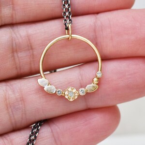 Solid 14k Gold Diamond Circle Charm, Diamond Floret Necklace, Gold and Sterling Silver Diamond Necklace, Statement Necklace, Gift for her image 2