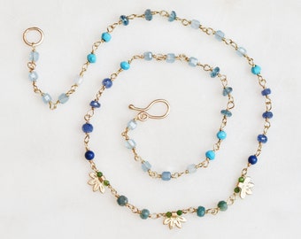 Solid 14k Gold Emerald Sapphire Aquamarine Flower Necklace, Multi Gemstone Station Necklace, Precious Gemstone Necklace, Bridal Jewelry