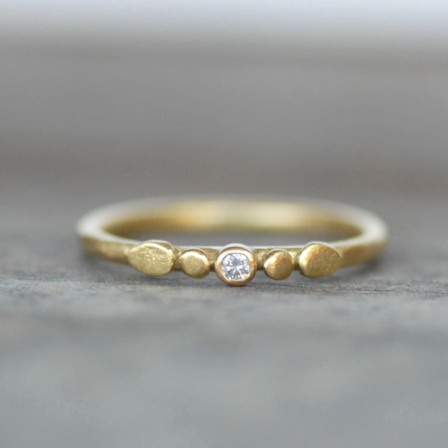 Tiny Petals Diamond SOLID Gold Engagement Ring, Thin Diamond Wedding Ring, Nature Inspired Wedding Ring, Handmade Floral Wedding Ring