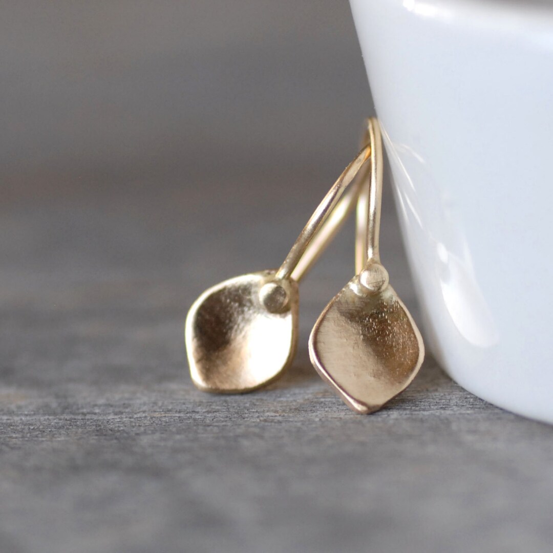 Solid 14k Gold Petal Dangle Earrings Small Gold Drop Dangle - Etsy