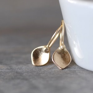 Solid 14k Gold Petal Dangle Earrings, Small Gold Drop Dangle Earrings, Eco Gold Recycled, Dainty Gold Earrings, Real Gold Floral Drop