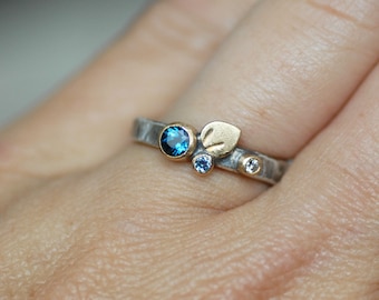 Topaz Sapphire and Diamond Bloom Ring, SOLID 18k Gold and Sterling Silver Petal Ring, December Birthstone, Floral Stackable Ring