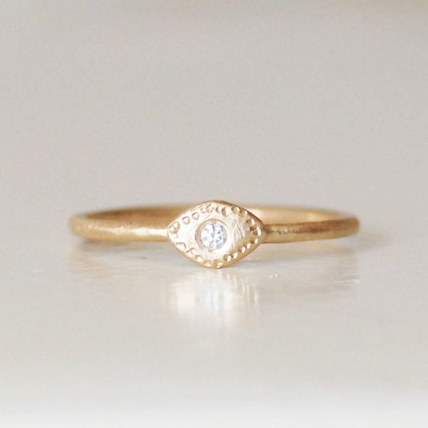 Diamond Evil Eye Ring, Solid 14k Gold Ring,Skinny Stacking Ring, Handmade Eye Ring, April Birthstone, Bridesmaid Gifts, Gifts For Her