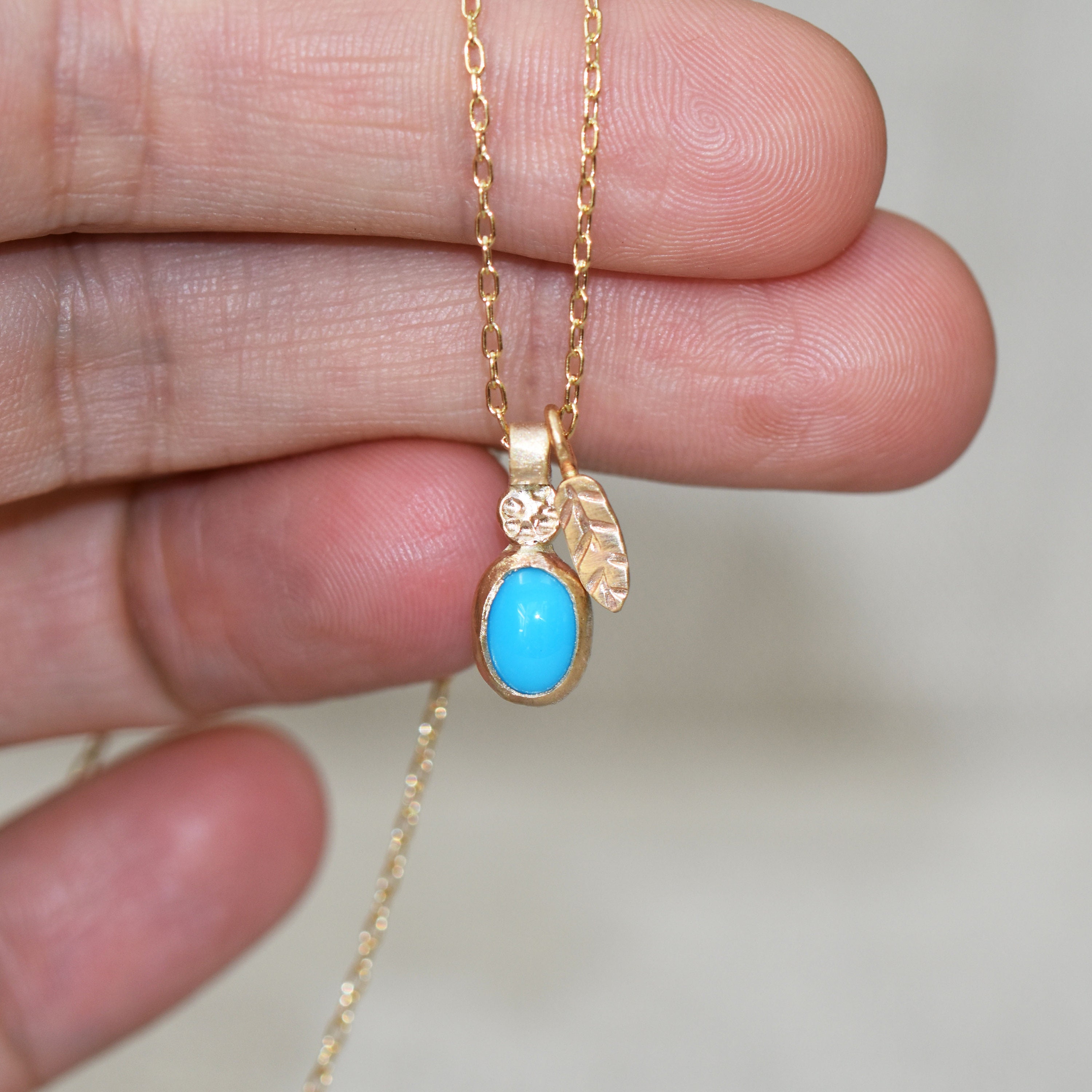 Turquoise Charm Necklace Solid 14k Gold 