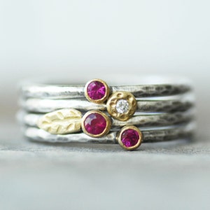 Ruby and Diamond Wildflower Stacking Ring Set, Set of Four SOLID 18k Gold and Silver Leaf Rings, Set of Birthstone