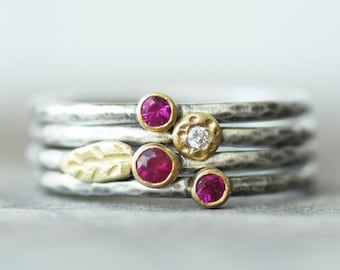 Ruby and Diamond Wildflower Stacking Ring Set, Set of Four SOLID 18k Gold and Silver Leaf Rings, Set of Birthstone