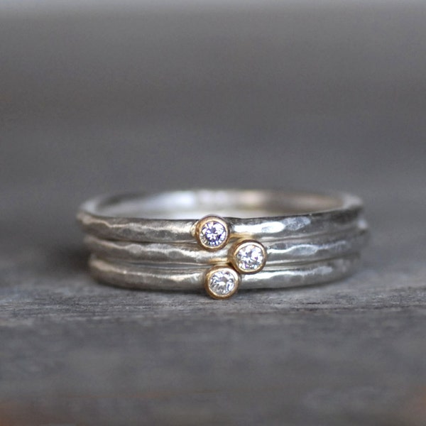 Tiny Diamond Ring Set, SOLID 18k Gold and Silver Stack Rings, Set of 3 Diamond Stack Rings, Minimalist Diamond Rings, Eco-Friendly Recycled