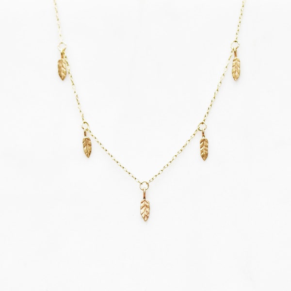 14k Gold Leaf Station Necklace, Gold Layering Necklace, Handmade Botanical Jewelry, Eco Gold Wedding Necklace