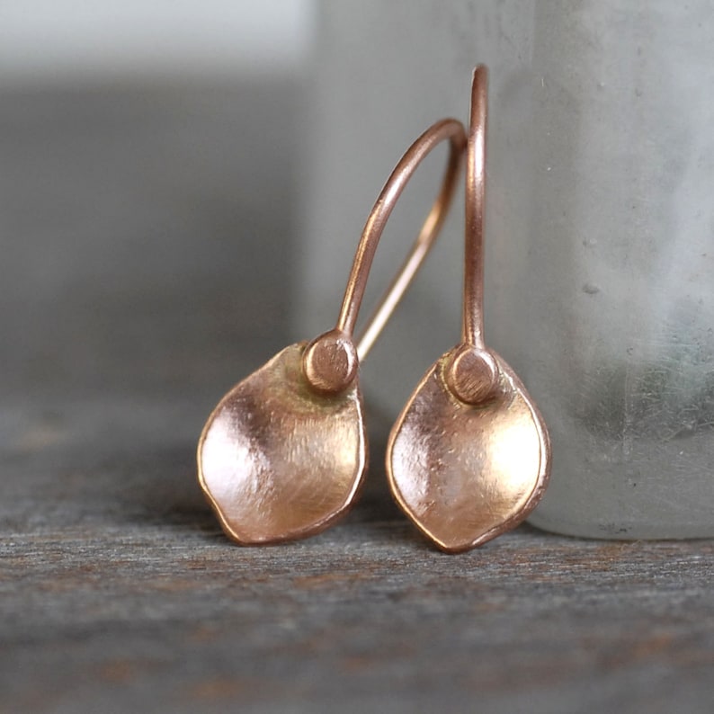 Solid 14k Gold Petal Dangle Earrings Small Gold Drop Dangle Etsy