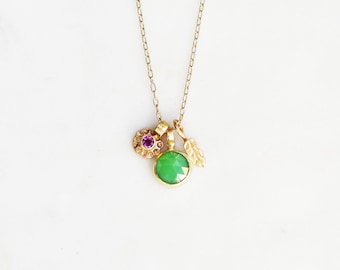 Chrysoprase and Garnet Flower Garden Charm Necklace, Solid 14k Gold Charm Necklace, Floral Necklace for Her, Gifts for Women, Fine Jewelry