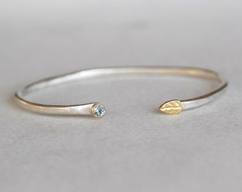 Aquamarine Cuff- Open Cuff - Sterling and 18k Gold Skinny Leaf Cuff