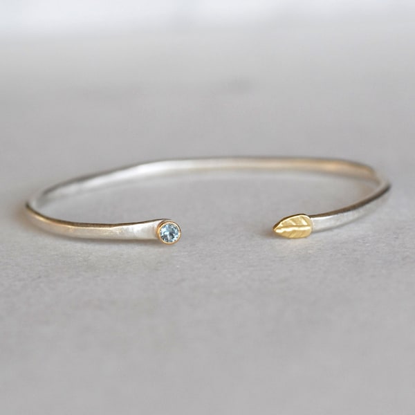 Aquamarine Cuff- Open Cuff - Sterling and 18k Gold Skinny Leaf Cuff