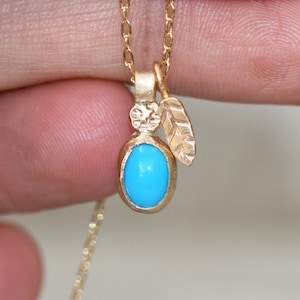 Turquoise Charm Necklace, Solid 14k Gold Leaf Necklace, Gold Flower Charm, Floral Turquoise Necklace, Dainty Gold Charm, Eco Recycled Gold