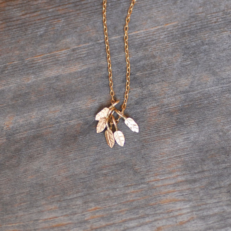Tiny Gold Leaf Necklace 5 Fluttering 14k Gold Leaves | Etsy