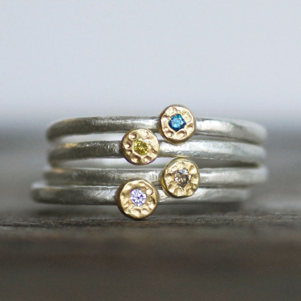 Tiny Diamond Wildflower Stacking Ring, SOLID 18k Gold and Silver Flower Ring, April Birthstone Stacking Ring