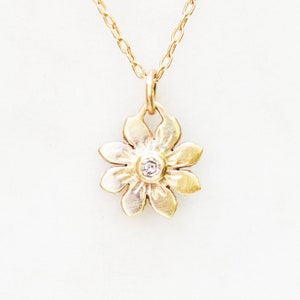 Gold Flower Necklace, Diamond Flower Charm Necklace, Solid 14k Gold Necklace, Gifts for Her, Gifts for Mom, Nature Jewelry, Bridal Necklace image 1