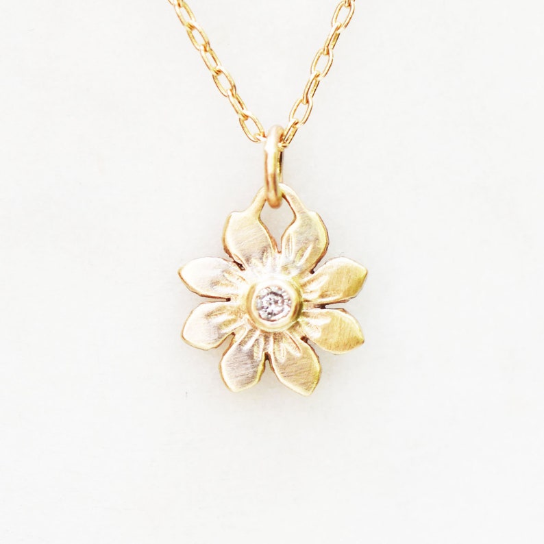 Gold Flower Necklace, Diamond Flower Charm Necklace, Solid 14k Gold Necklace, Gifts for Her, Gifts for Mom, Nature Jewelry, Bridal Necklace image 1