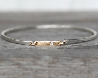 Diamond Bar Bangle, Sterling Silver 14k Gold Link Bangle, Solid Gold and Sterling Bracelet, Handmade Diamond Bangle, Modern Minimalist