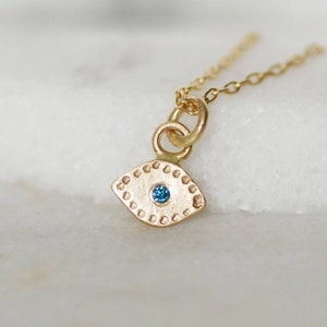Solid Gold Diamond Evil Eye Necklace, 14k Gold Eye Charm with Blue Diamond, April Birthstone, Fine Jewelry, Gifts for Her, Gold Eye Necklace