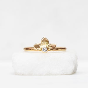 Handmade 14k Gold and Diamond Snowdrop Ring, Solid Eco Friendly Gold Petal Wedding Jewelry
