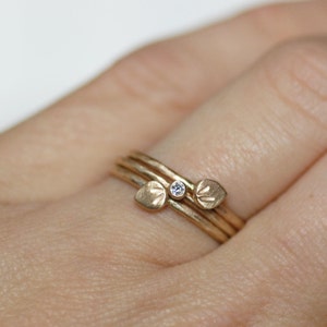 Solid Gold Floating Petals Diamond Ring Set, Set of 3 Gold Stacking Rings, Handmade Gold Rings, Botanical Stacking Rings, April Birthstone