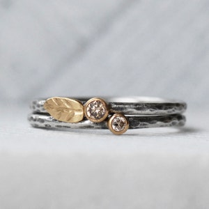 Brown Diamond Leaf Stacking Ring Set, Solid 18k Gold and Silver Stack Rings, Set of Two Skinny Flower Rings, Eco-Friendly Recycled