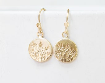 Solid 14k Gold Coin Earrings, 14k Gold Patterned Disc Dangle Earrings, Gold Succulent Drops, Handmade Patterned Dangles, Eco Gold Earrings