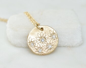 Diamond Coin Necklace, Solid Gold Floral Pendant, Diamond Daisy Necklace, Botanical Charm, Wedding Jewelry, Bride Necklace, Gifts for Her,