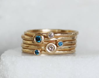 Diamond Stacking Ring Set of 5, SOLID Gold Stacking Rings, Blue and Brown Diamond Rings, Skinny Hammered Gold Bands