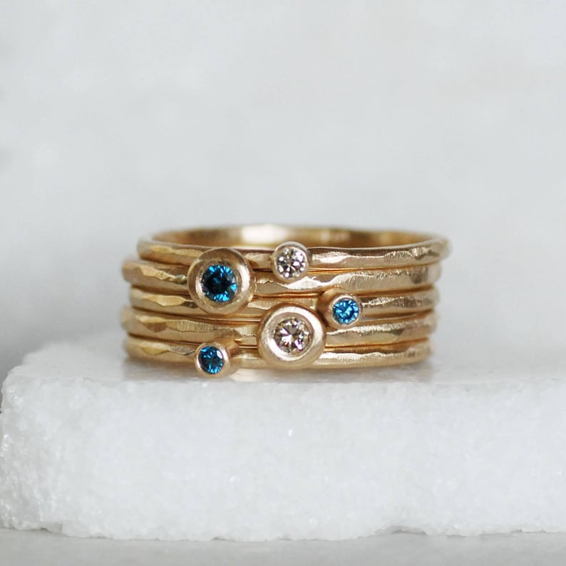 Diamond Stacking Ring Set of 5 Blue and Brown Diamond Gold | Etsy